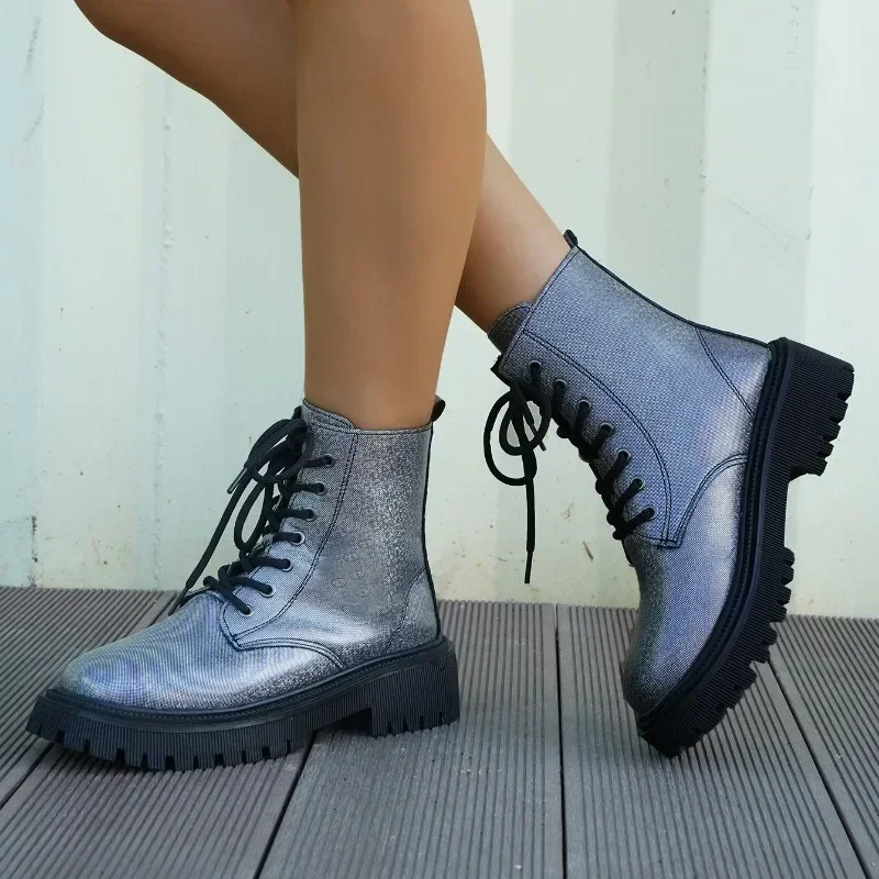 Fashion PU Square Heel  Ankle Boots 2023 Autumn New Shoes Female Lace-up Round Toe Low Heel Solid Women's Boots  Women Shoes