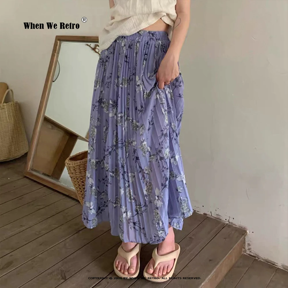 

Sweet 2023 Stylish Floral Printed Long Skirts Spring Summer Loose High Waist Elastic Pleated Skirts Korean Chiffon Skirts VD3752