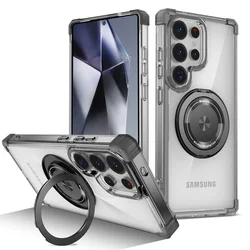 Transparent Phone Case with 360° Rotating Bracket and Magnetic Protective Cover - Galaxy S26 Ultra (Black)