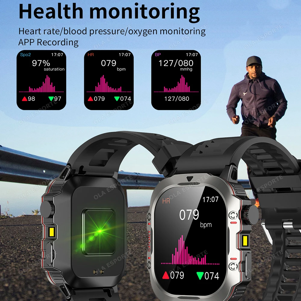 Rugged Military Fitness Smart Watch Men For Android IOS IP67 Waterproof Health Monitor Sport Ai Voice Calling Smartwatch Outdoor