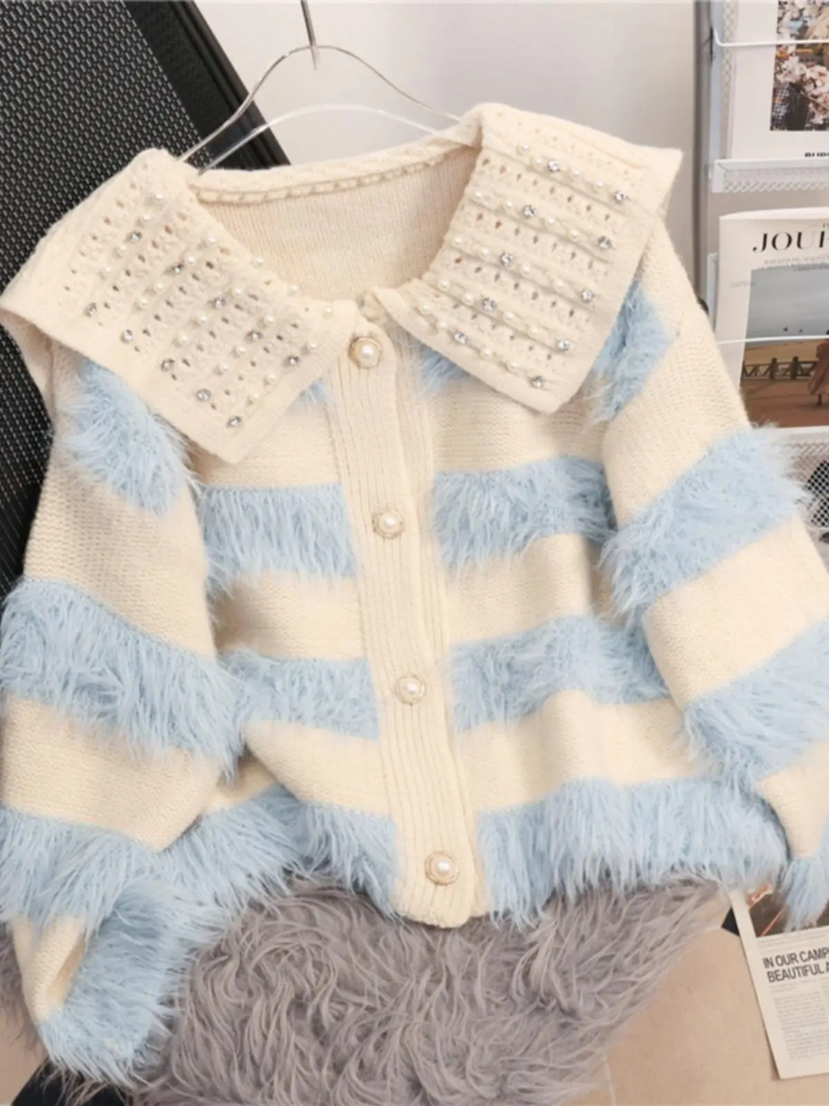 

Striped Patchwork Sweater Sweet Beads Doll Collar soft Imitation Mink Plush Top Coat Women's Contrasting Color Knit Cardigan Top