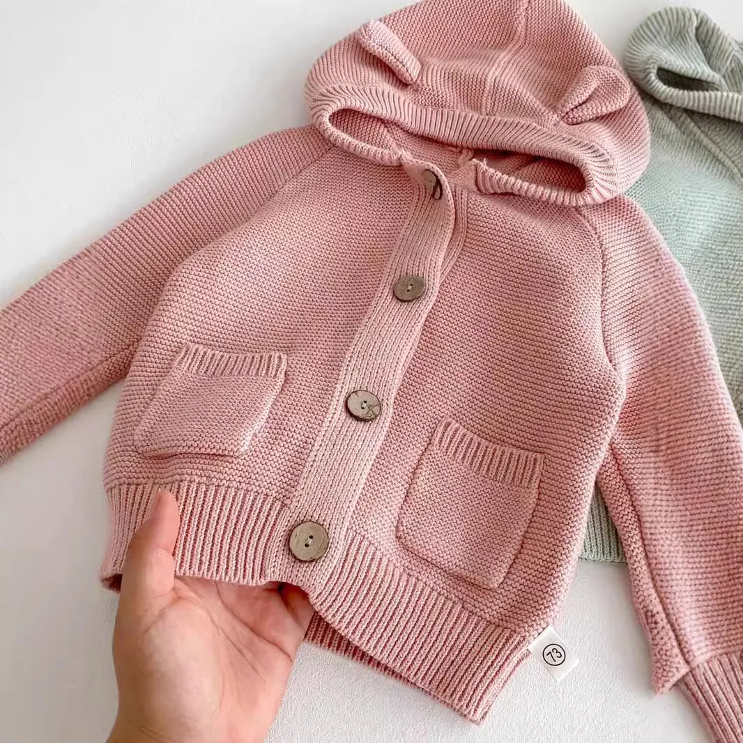 Autumn Spring New in Kids Baby Girls Boys Casual Clothing , Infant Toddler Hooded Solid Color Knitted Top Outwear Coat