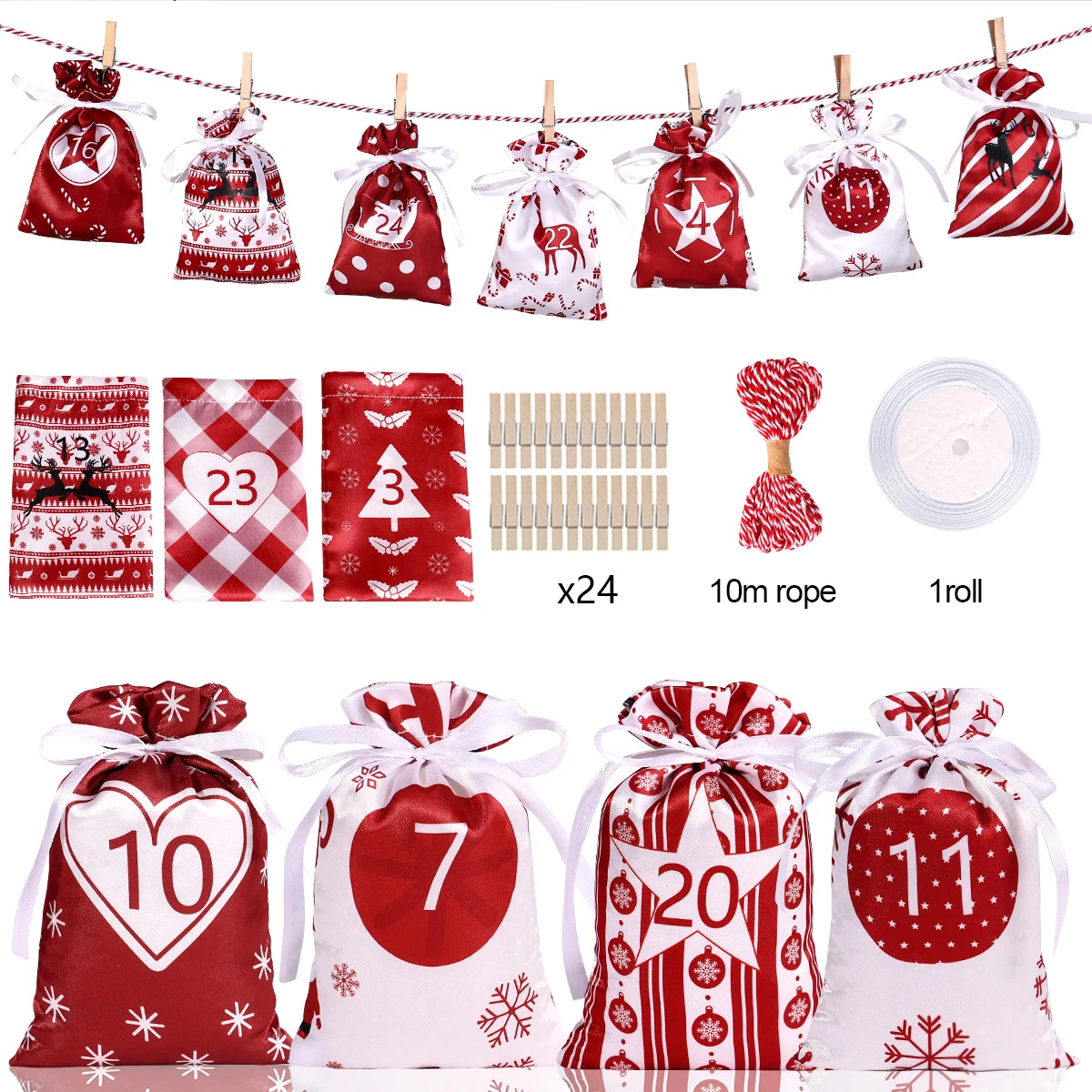 24Days Christmas Advent Calendar Bag Xmas Gift Bags With Clips Wall Hanging Drawstring Bag Christmas Countdown Advent