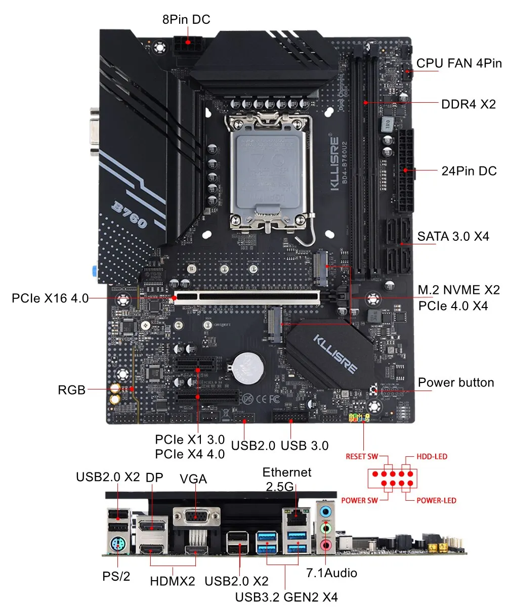 Kllisre B760 DDR4 Motherboard LGA 1700 Support Core I3/i5/i7/i9 12th 13th Processor Dual Channel Memory computer motherboard