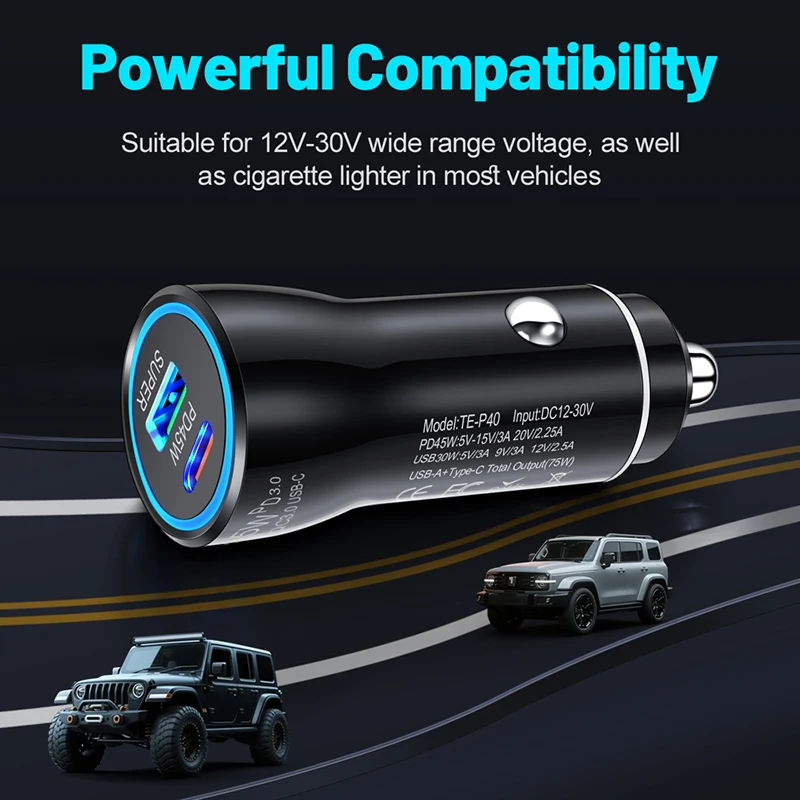 고속 차량용 충전기 PD 45W QC 3.0 듀얼 포트 USB C & A 시거잭 어댑터 (LED 라이트 포함) 스마트폰 태블릿 아이폰 17용