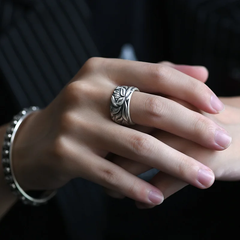 

New Lotus Self disciplined Retro Heart Sutra Live Ring for Men and Women