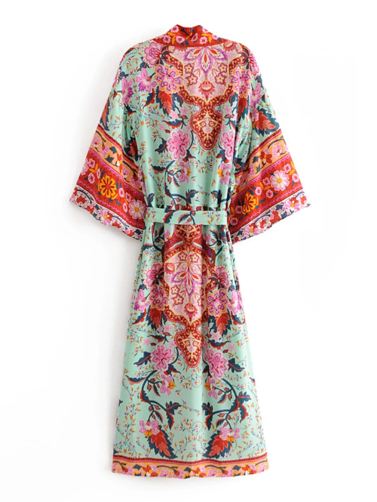 Beach Cover Boho Women Peacock Print Bat Sleeve Kimono Robe