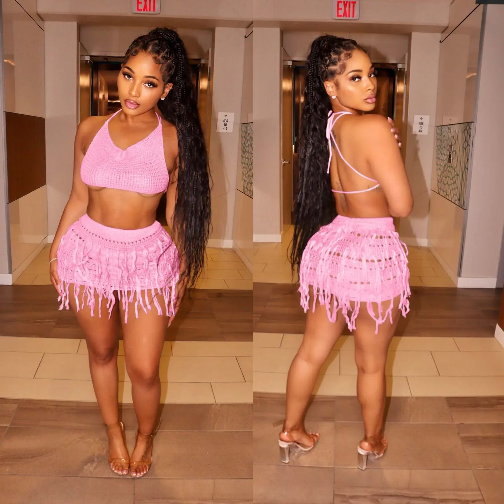 Sexy Knitted 2 Piece Skirt Sets Luxury Mini Dress 2024 Summer Clothes Club Outfit Fringe Dress Tassel Tops Two Piece Skirt Sets