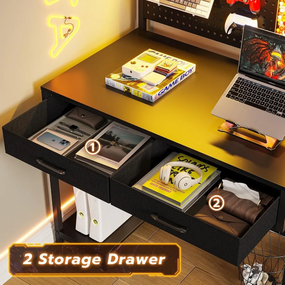 L Shaped Gaming Desk with LED Lights, Pegboard and Drawers, Gaming Desk with Hutch, Computer Desk with Monitor Stand, Sto 5