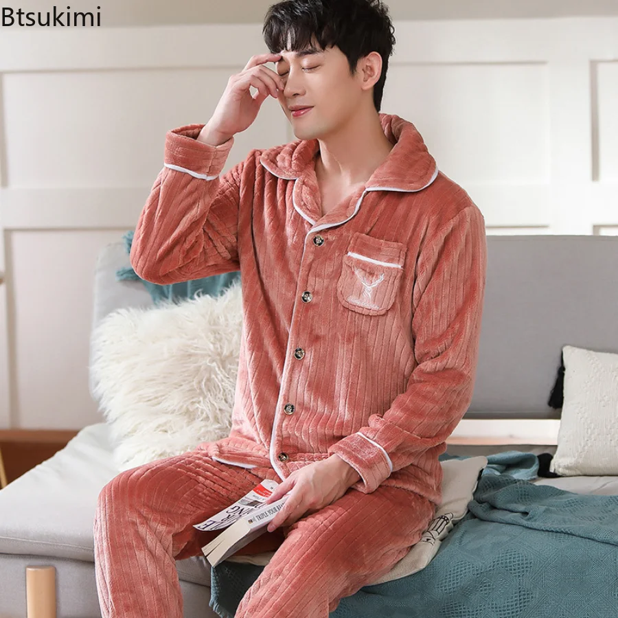 Men Pajamas Autumn Winter Flannel O-Neck Long Sleeve Trousers Two-piece Suit