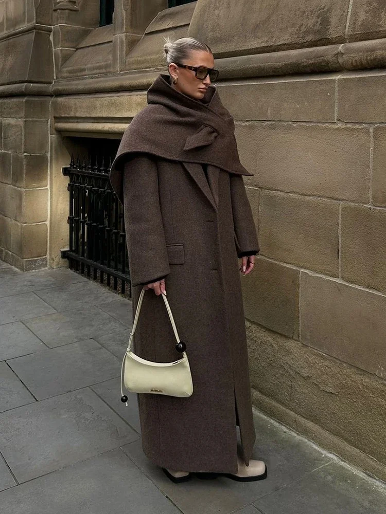 براون الكتف وسادة الصوف مزيج معطف المرأة أنيقة الت...