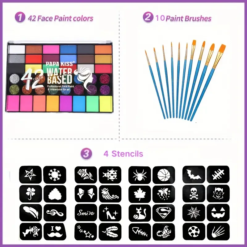 42 Colors Water Soluble Face Body Painting Set UV Neon Glitter Face Paint Art Halloween and Christmas Party Body Paint Makeup 2