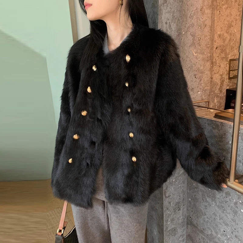 Imitation Fox Fur Coat Women Korean Autumn Winter Round Neck Outwear All-Match Thick Double Breasted Overcoat Plush Chaquetas
