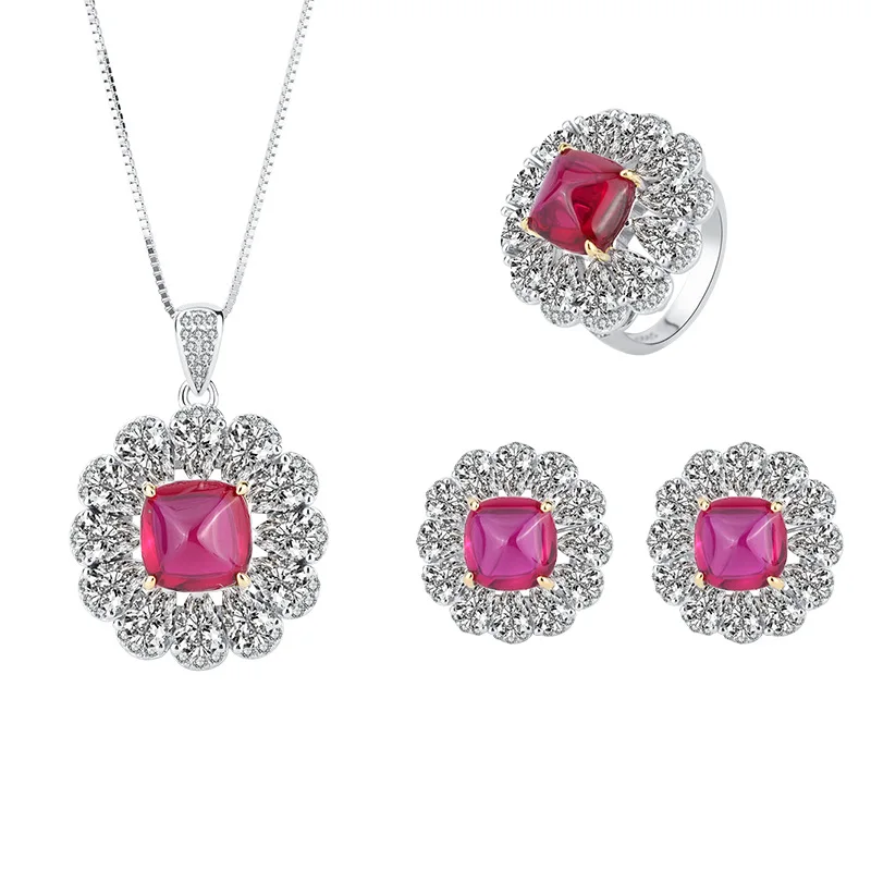 

New fashion trend S925 silver inlaid 5A zircon ruby sugar tower full of diamond pendant ring earrings set