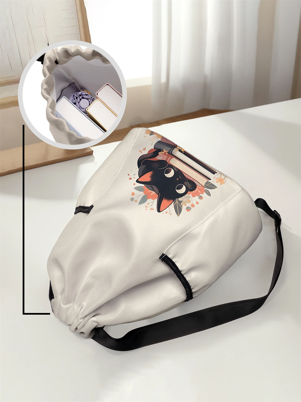 Cute Cat Pattern Printed Drawstring Backpack - Large Capacity Durable Fitness Bag, Sports Beach Backpack