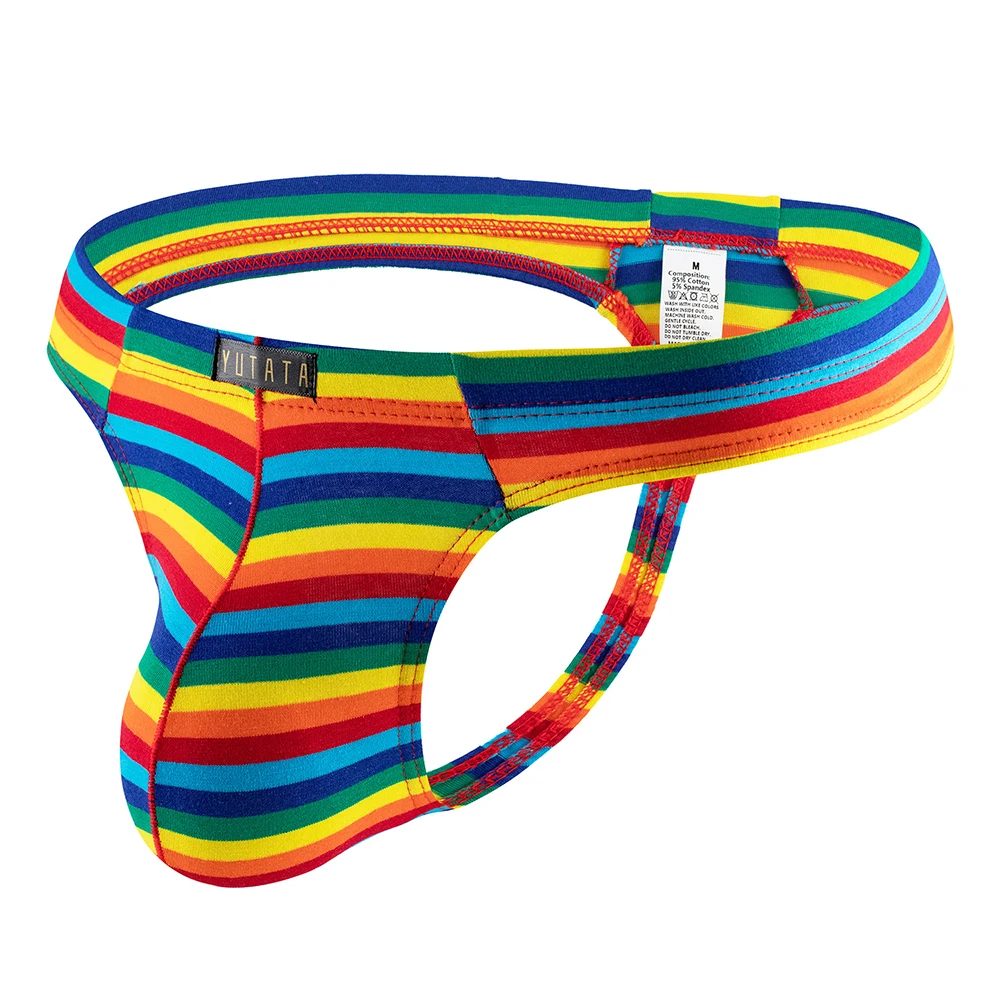 Men's Thongs Rainbow Stripe Printed String Sexy Bulge Pouch G-String Bikini Breathable Briefs Panties Underwear Low Rise T-Back