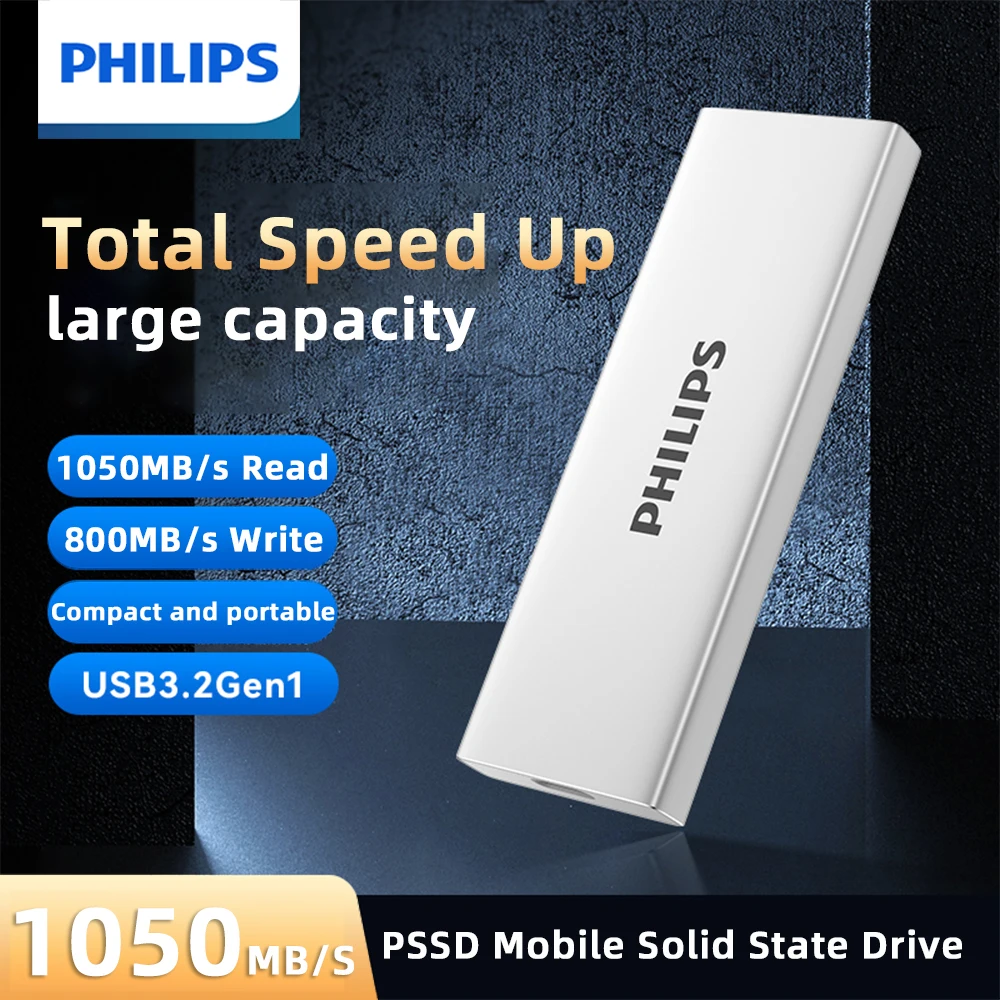 필립스 휴대용 SSD, 외장 하드 드라이브, 최대 속도 1050MB/s, USB 3.2 Gen 1, 게임 및 학생용 안정적인 저장 장치
