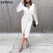 

Party Dress 2022 VONDA Women Sexy V Neck Lace Long Sleeve Dresses Ladies Patchwork Vestidos Femme Club Sundress Stylish Robes