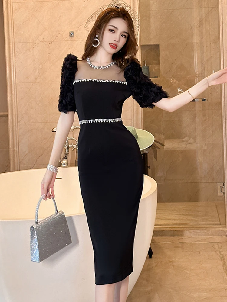 2024 Damska francuska luksusowa szlachetna czarna sukienka Sheer Mesh Spliced Diamonds Pearl Flowers High Waist Split Midi Robe Party Vestidos
