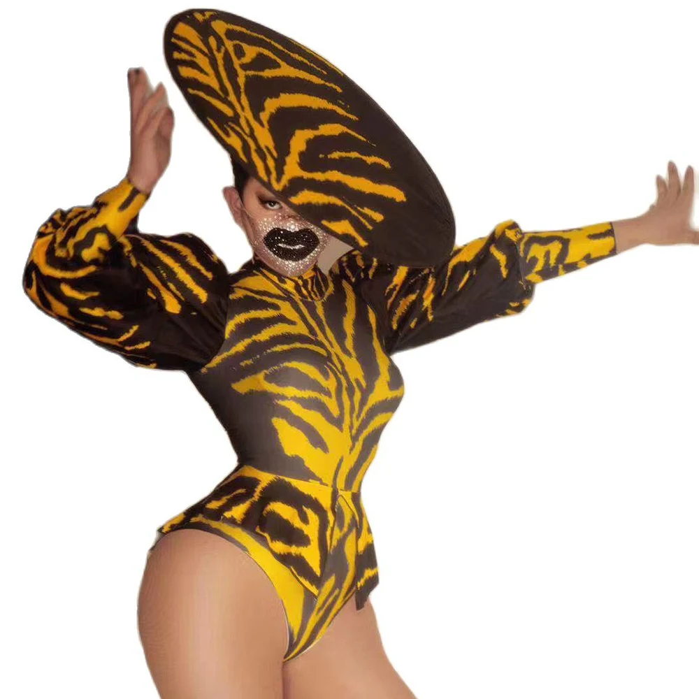 

Puff Sleeves Leopard Sexy Top And Shorts With Hat Three Pieces For Women Fashion Show Clothing Stage Singer Costumes Party Wear