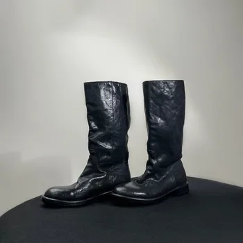 Fashion Horsehide Knee High Boots Women Straight Mid-Calf Knight Long Boots Female Shoes Casual Outdoor Handmade