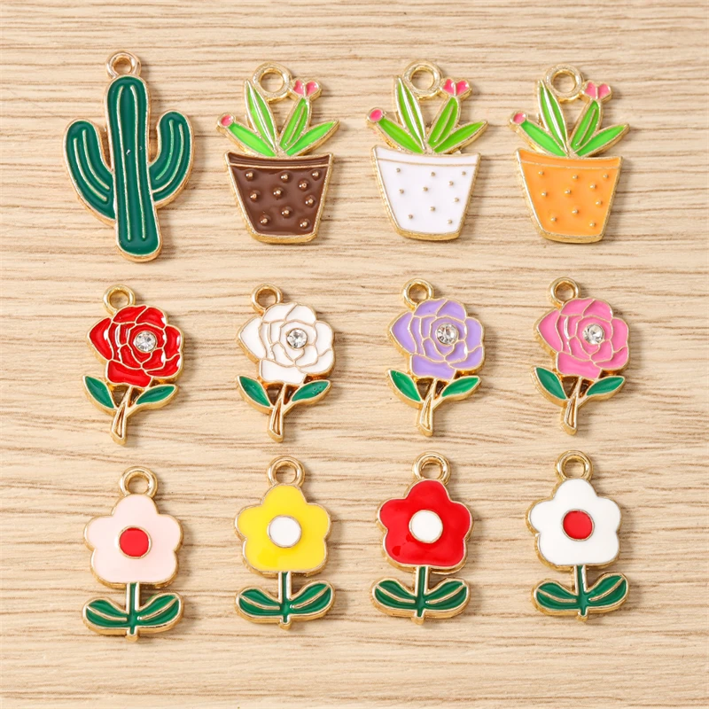 10 Stück Niedliche Gemischte Emaille-Anhänger mit Pflanzen-, Blumen- und Kaktus-Motiven für Schmuckherstellung, Ohrringe, Halsketten, Armbänder, DIY-Bastelzubehör