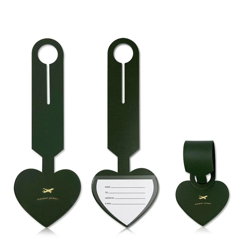 

Convenient personalized long heart shaped gold stamping foil logo leather checked in names anti loss small luggage tag