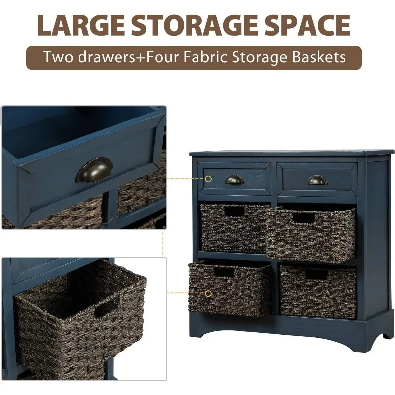 Rustic Storage Cabinet Cabinet with 2 Drawers and 4 Classic Fabric Basket for Kitchen/Entryway/Living Room, Antique Navy 4