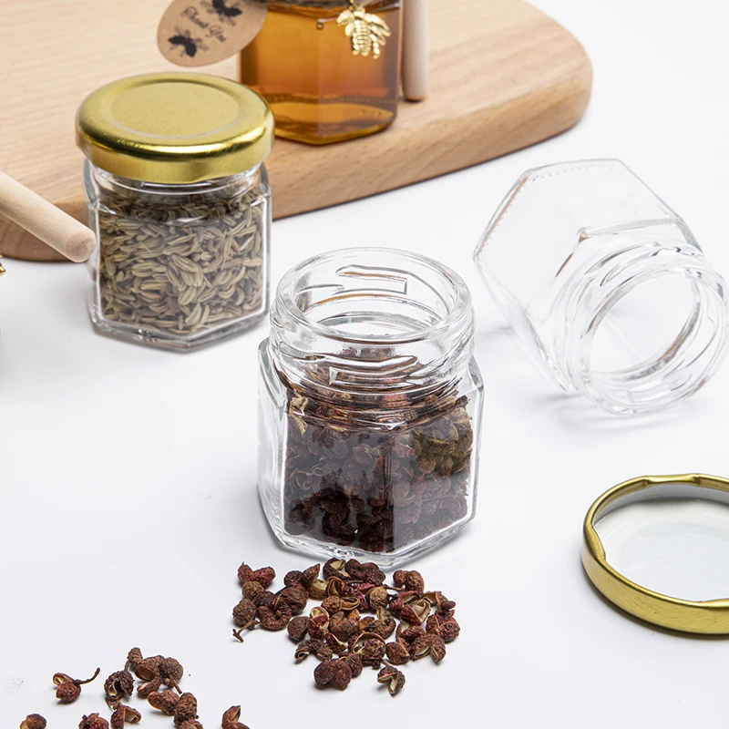 Mini Hexagonal Glass Honey Jars-Small Honey Jars-With Gold Lids For Baby Shower, Wedding And Party Favors