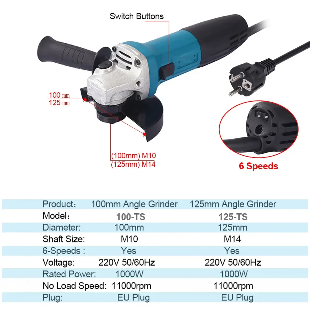 220v 6 Variable Speed Angle Grinder 100/125mm(4/5 inch) Wheels 11000RPM 1000w Cutting Grinding Polishing Power Tool 6