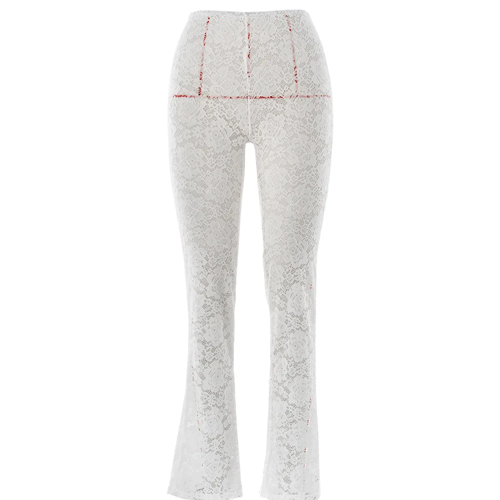 2024 Summer Solid Lace See Through Flare Pants Women Sexy Spicy Girls High Waist Casual Versatile Elegant Trousers Streetwear