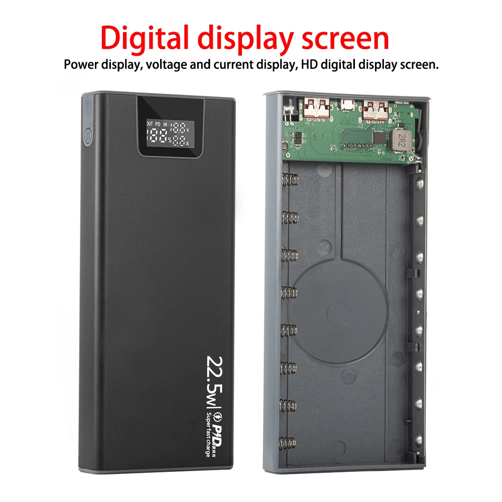 22.5W 8x18650 Battery Case Digital Display Quick Charge Outer Metal shells DIY Power Bank Shell Portable Detachable External Box