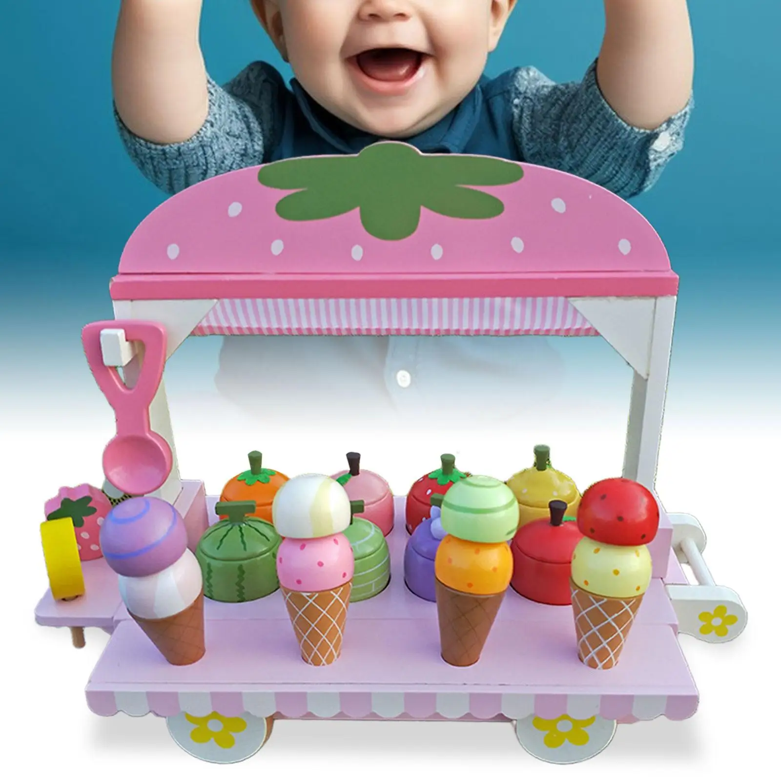 

Ice Cream Cart Toy Wooden Toy Develops Social Skills Role Play Toy Pretend Toy for Preschool Kids Children Girls Birthday Gifts