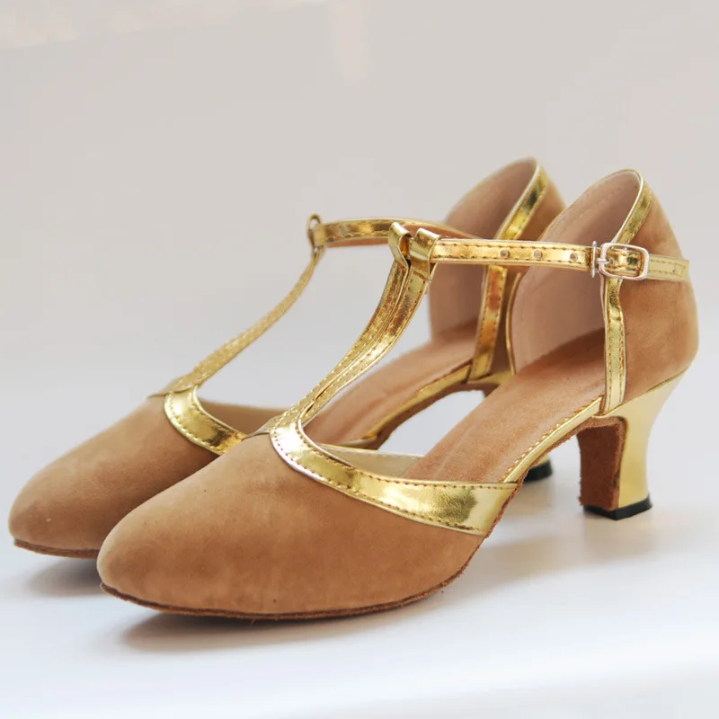 Women Latin Dance Shoes Female Salsa Sandals Soft Sole Ladies Suede Upper T Strap Ballroom Tango Samba Party Dance Shoes 6