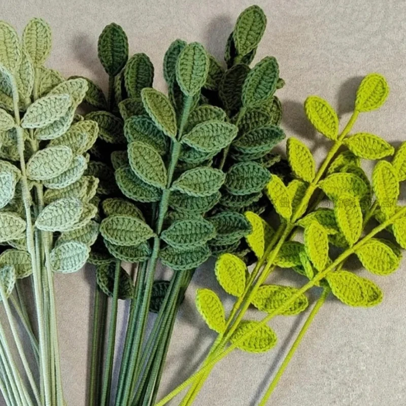 

1PC Handmade Wedding Bouquets Green Crochet Eucalyptus Cotton Artificial Leaves Finished Handmade Crochet Flowers Home Decor