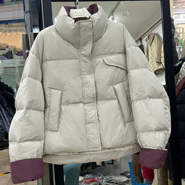 White goose down down jacket new women's short color contrast thickened casual style standing collar bread jacket warm jacket