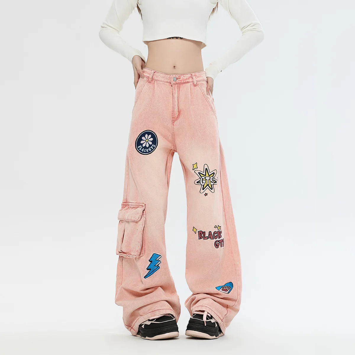 2024 Women's Pants Print High Street Personality Cargo Jeans Straight Leg Pants Pink Jeans Women Pantalones De Mujer Y2k Pants jeans women s summer blue casual high street pants american straight barrel perforated high waist slim loose street personality