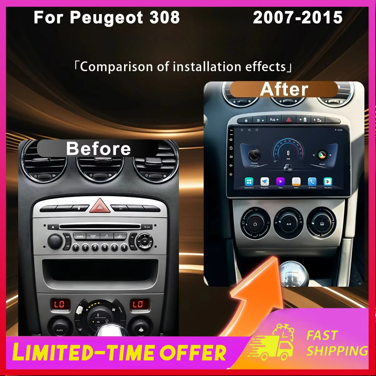 Reproductor de Navegación para Automóvil Carplay para Peugeot 308 2007-2015, Unidad Principal Estéreo, GPS, Android 13, Reproductor Multimedia Inteligente para Automóvil 1