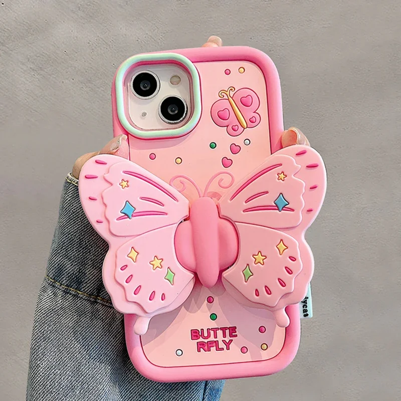 

Lovely 3D Butterfly Folding Stand Phone Case for iPhone 13 15 Pro Max 14 11 12 Shockproof Soft Silicone Back Cover Funda