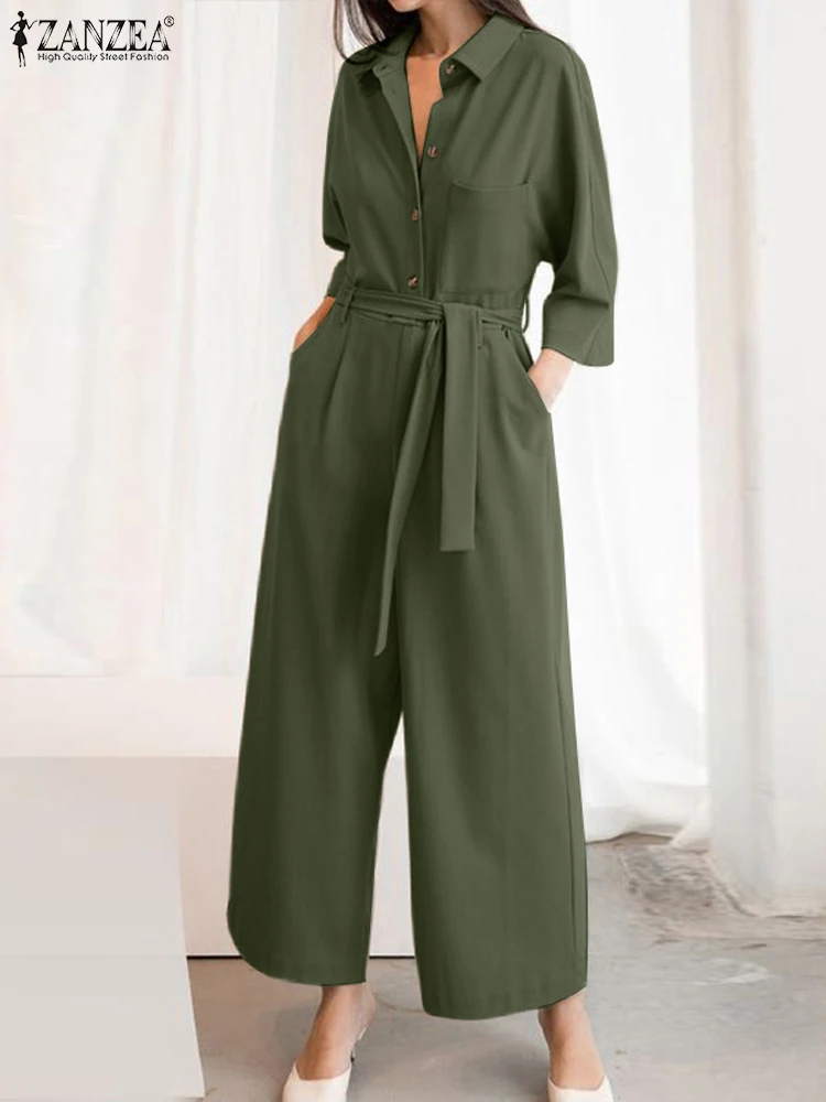 

2024 Spring Lapel Neck 3/4 Sleeve Rompers ZANZEA Elegant Women Jumpsuits Casual Loose Belted Overalls Solid Work Long Playsuits