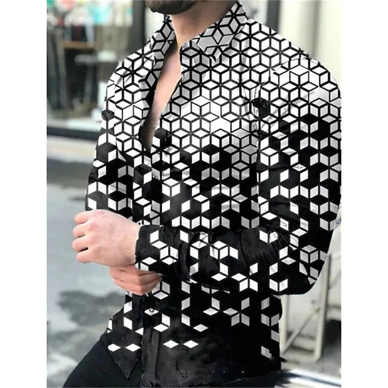 2024 new men's floral pattern long sleeve shirt youth lapel European 3D digital printing loose