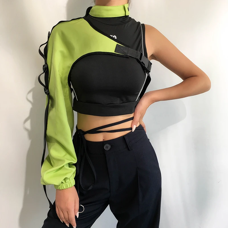 

Streetwear Neon Halter Sweatshirt Hoodie Buckle Irregular Reflective Smock One Shoulder Women's Sweatshirts Holographic Outwear