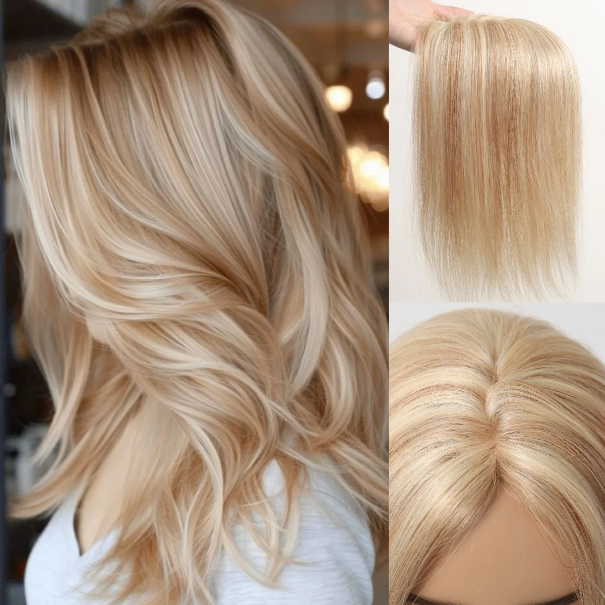 

100% Remy Human Hair Toppers Golden Blonde Highlight Hair Pieces for Women Hair Loss Silk Base Clip in Toppers 150% Density 12in