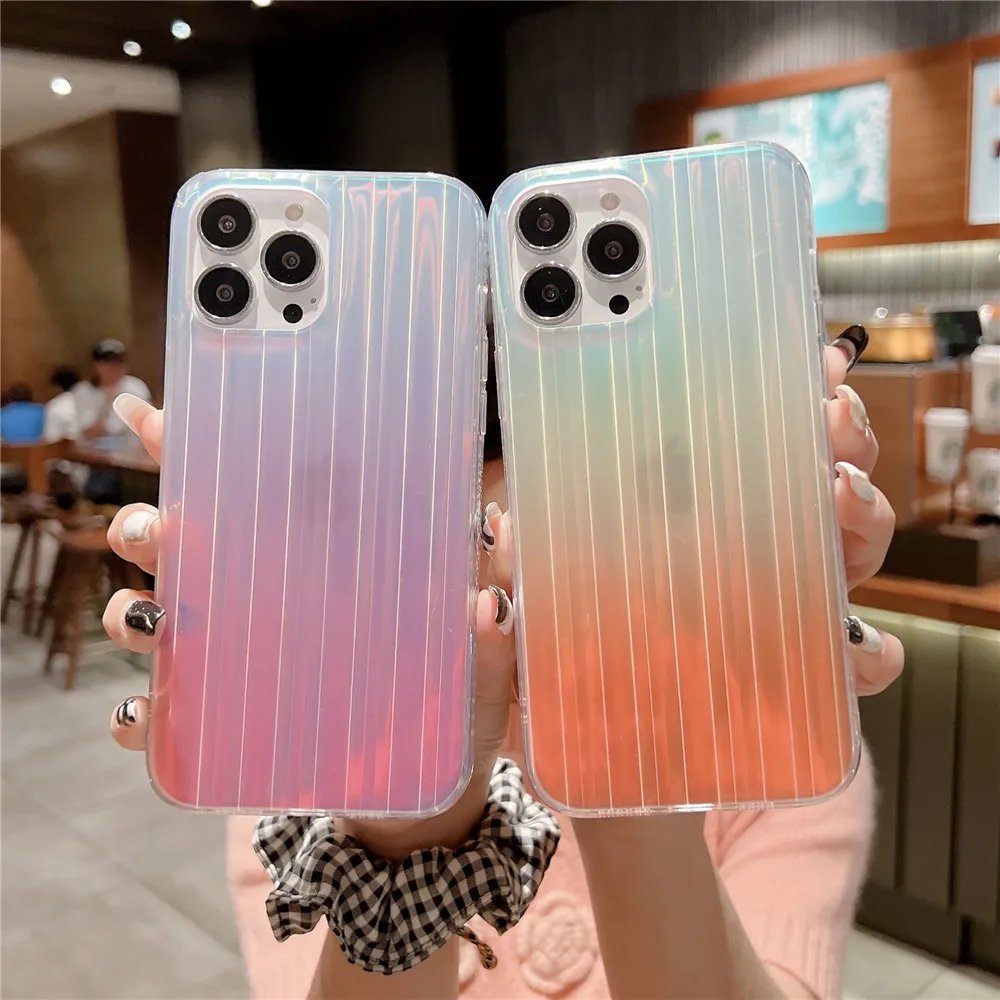 iphone 12 pro max silicone case Colorful Laser Phone Case for IPhone 13 12 11 Pro Max Bumper Luxurious Shiny Discoloration Coque Cover Stripe for Women iphone 12 pro max clear case