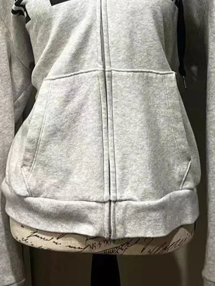 Oversized street hip-hop casual clothes retro Y2K fur splicing hooded sweatshirt American letter print zipper hoodie for women 5