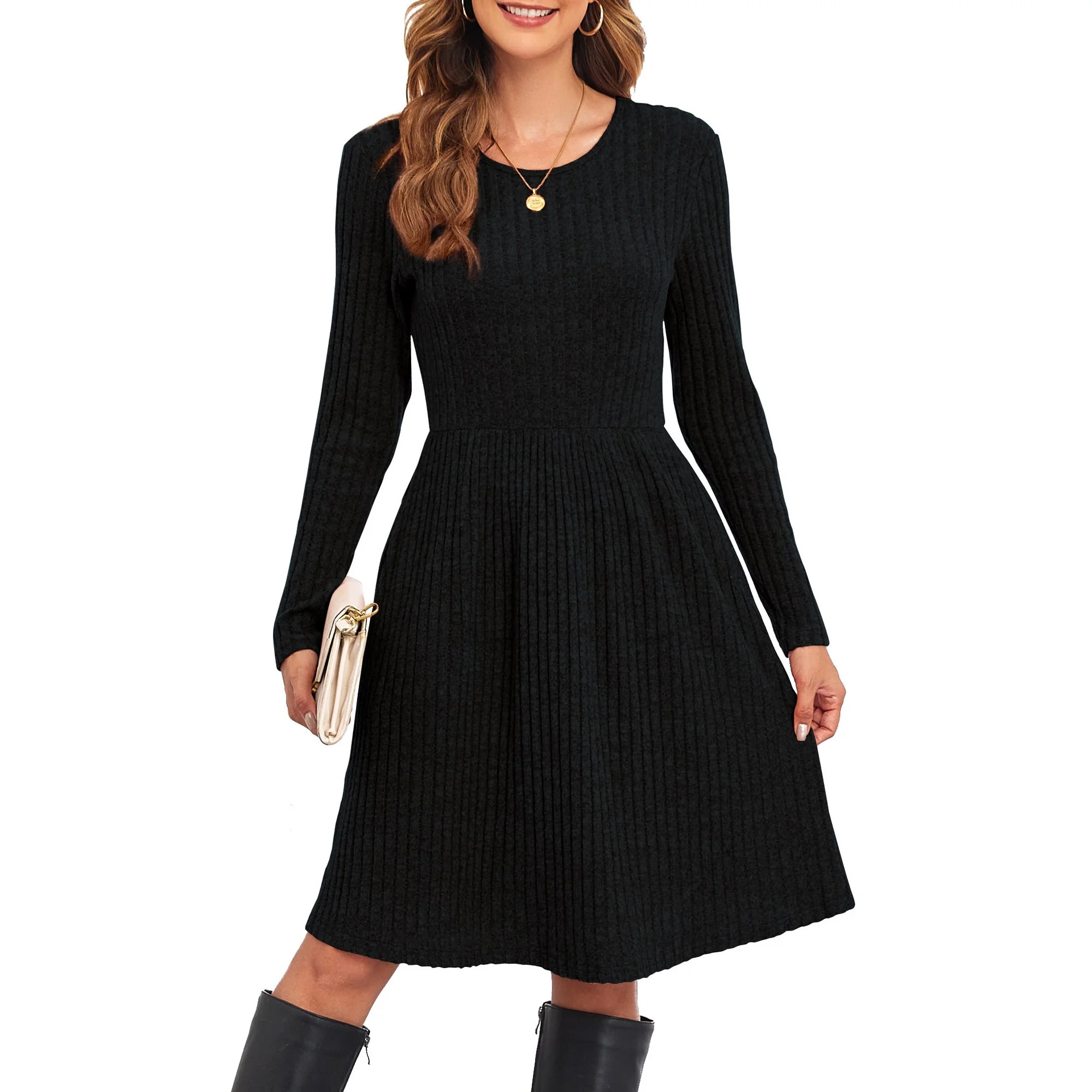 Women's Elegant Knit Sweater Dress Autumn Winter Black Stripe Crew Neck Long Sleeve Casual Comfortable Fit Dress