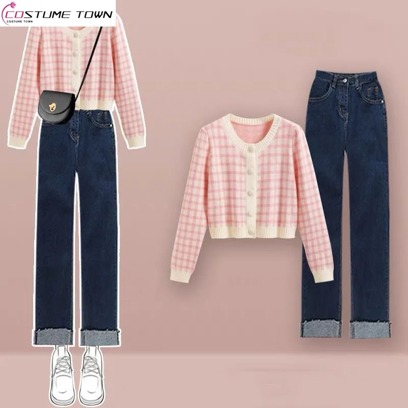 2023 Autumn/Winter Korean Edition New Age Reducing Checker Knit Set Casual Jeans Women's Two Piece Set