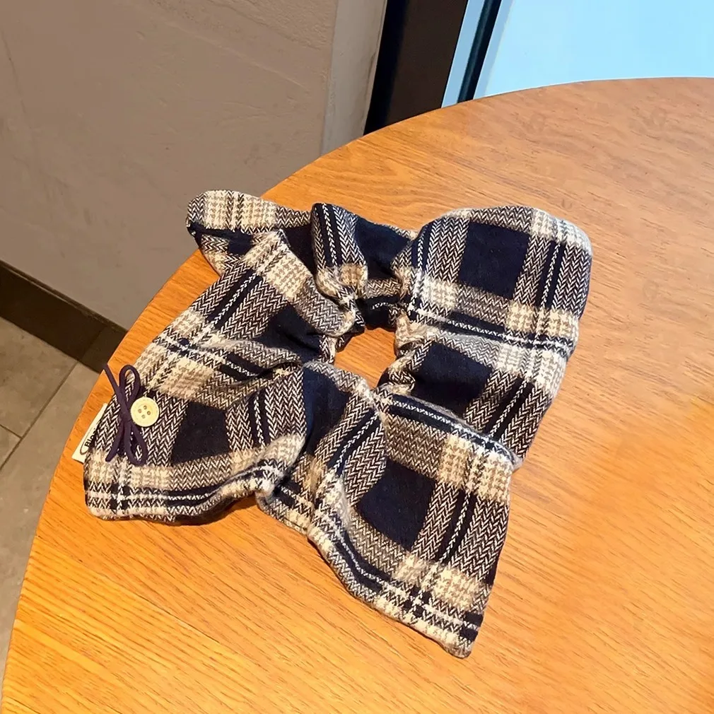 1PCAutumn Winter Plaid Scrunchie with Button Detail-Vintage Checkered Hair Accessory for Women, Hair Tie for Daily & Office Look