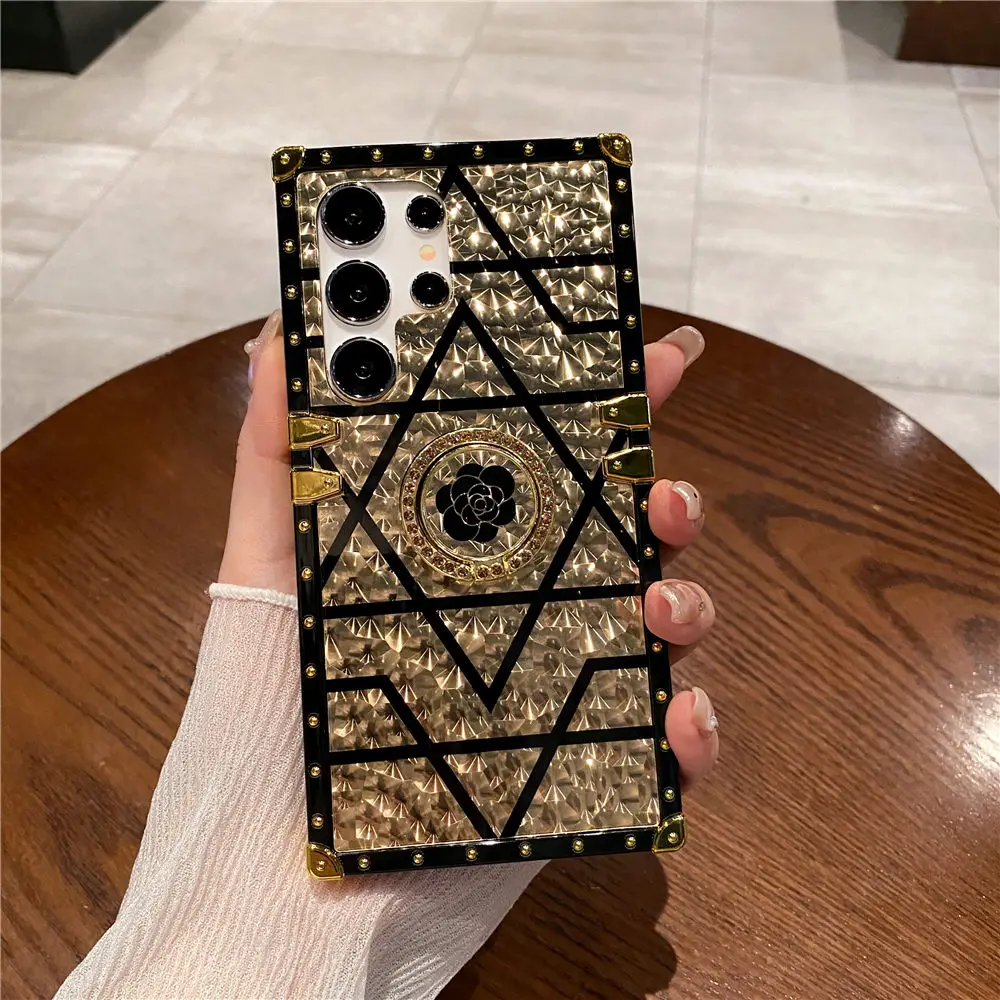 thumbnail image 1 of Feather Leopard Print Square Plating Case For Samsung Galaxy S23 S24 S22 S21 S20 Note 20 Ultra A15 A25 A55 A54 Ring Holder Cover, 1 of 5