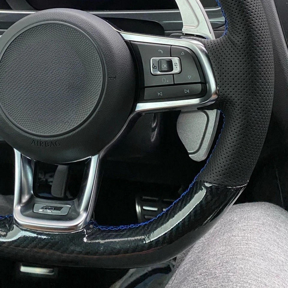 Auto-Lenkradbezug, rutschfest, schwarz, Kohlefaser, echtes Leder, für Volkswagen Golf 7 MK7 Gti R Vw Polo Scirocco 2015 2016 – Detail 2